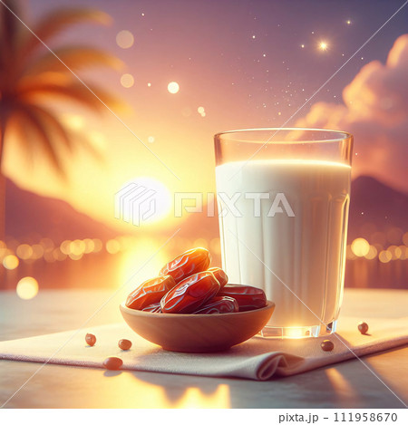 AI-generated content. Rendered 3D illustration, Milk glass, date on table, symbolizes end of Ramadan fast. Serene sunrise background exudes tranquility, generative ai 111958670