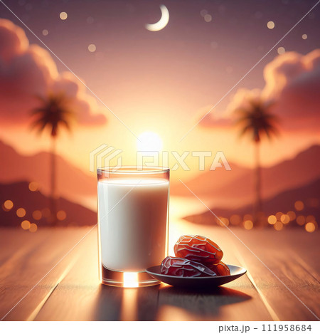 AI-generated content. 3D artistry, Milk glass, date fruit on table, signifies Ramadan's fast conclusion. Serene sunrise evokes tranquility, generative ai 111958684