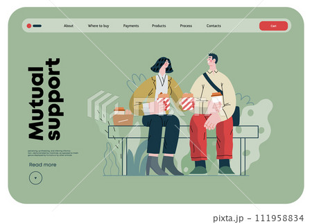 Mutual Support: Share food -modern flat vector concept illustration of woman offering half of her lunch to colleague in the park. A metaphor of voluntary, collaborative exchanges of resource, services Mutual Support: Share food -modern flat vector concept illustration of woman offering half of her lunch to colleague in the park. A metaphor of voluntary, collaborative exchanges of resource, services 111958834