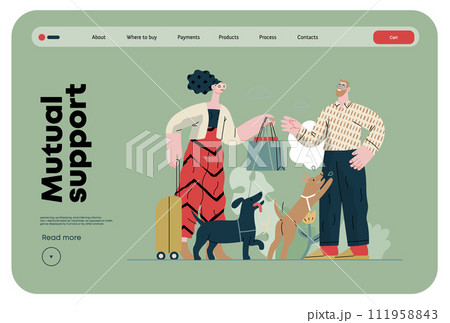 Mutual Support: Pet-sitting -modern flat vector concept illustration of a woman going on vacation leaving her dogs with neighbor. A metaphor of voluntary, collaborative exchanges of resource, services Mutual Support: Pet-sitting -modern flat vector concept illustration of a woman going on vacation leaving her dogs with neighbor. A metaphor of voluntary, collaborative exchanges of resource, services 111958843