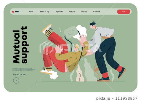Mutual Support, Assisting Falling Person- modern flat vector concept illustration of man slipping, another supports him, preventing fall. Metaphor of voluntary, collaborative exchange of service Mutual Support, Assisting Falling Person- modern flat vector concept illustration of man slipping, another supports him, preventing fall. Metaphor of voluntary, collaborative exchange of service 111958857