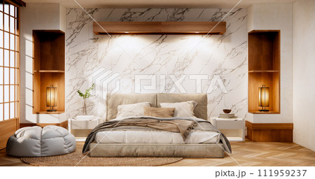 Minimalist wabisabi interior mock up with zen bed plant and decoartion in japanese bedroom. 111959237