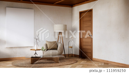 Interior mock up with armchair in japanese living room with empty wall. Interior mock up with armchair in japanese living room with empty wall. 111959250