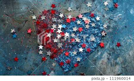 Closeup of glitter stars confetti in USA flag colors in heart shape. Template for national holidays background - Independence day(4th of July), Veterans day, Labor day, Memorial day concept. 111960014