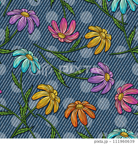 Summer denim pattern with chamomile, polka dot ornament behind. Blooming flowers with stem on blue jeans texture. Groovy, hippie, naive style for apparel, fabric, textile, design 111960639