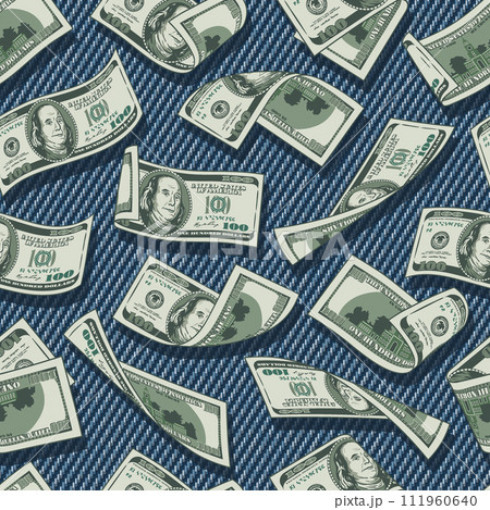 Denim seamless pattern with scattered 100 US dollar notes on blue jeans texture. Falling, folded, twisted, flying dollar banknotes. For prints, clothing, t shirt, surface design Vintage style Not AI Denim seamless pattern with scattered 100 US dollar notes on blue jeans texture. Falling, folded, twisted, flying dollar banknotes. For prints, clothing, t shirt, surface design Vintage style Not AI 111960640