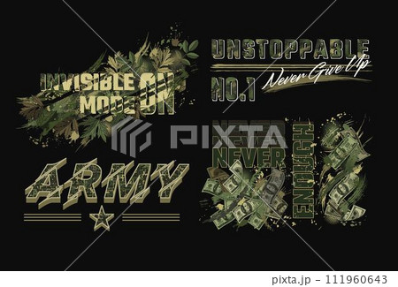 Set of green camouflage labels with text, foliage, dollar money. T shirt graphics in grunge style. For apparel, fabric, textile, sport goods. Not AI Set of green camouflage labels with text, foliage, dollar money. T shirt graphics in grunge style. For apparel, fabric, textile, sport goods. Not AI 111960643