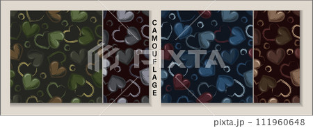 Set of camouflage patterns with hearts. Grunge outline silhouettes of hearts, circles behind. Dark illustration for woman t shirt design, textile, sport clothing, goods. 111960648
