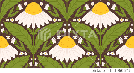 Seamless pattern with daisy flower. Chamomile repeated design on brown background. Seamless pattern with daisy flower. Chamomile repeated design on brown background. 111960677