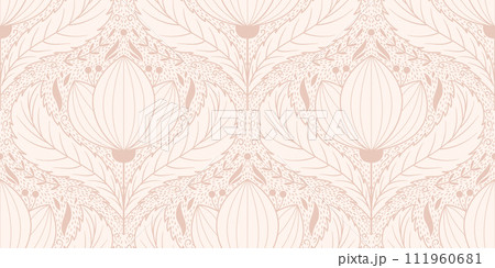 Seamless pattern with big lotus flower. Zen repeated motif for wallpaper in yoga class or home. Surface design with calm tranquility vibe Seamless pattern with big lotus flower. Zen repeated motif for wallpaper in yoga class or home. Surface design with calm tranquility vibe 111960681