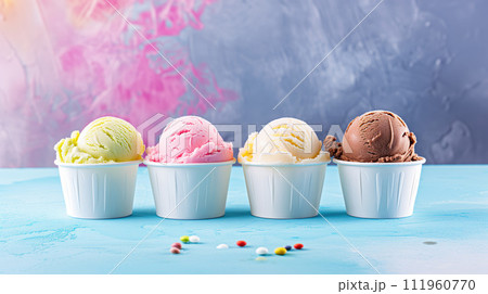 Advertising shot, 4 ice cream bowls of different ice cream in cups in a row, isolated on colorful background 111960770