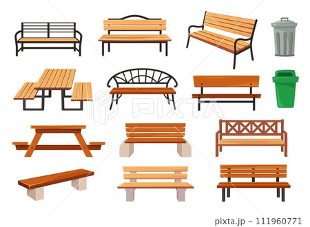 Garden bench. Outdoor furniture, park benches, waste bins and picnic tables cartoon vector illustration set 111960771