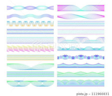 Seamless guilloche dividers. Colorful wave patterns and spirograph lines decorative elements vector set Seamless guilloche dividers. Colorful wave patterns and spirograph lines decorative elements vector set 111960831