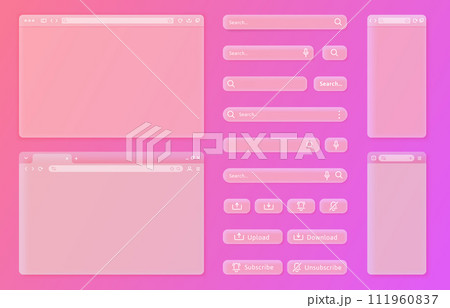 Transparent internet browser window. User interface elements, search bars and action buttons vector UI template set 111960837