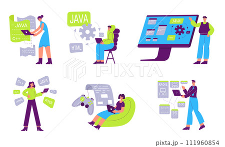 Web developers, software programmers work illustration set. Game testers checking quality and fixing bugs 111960854
