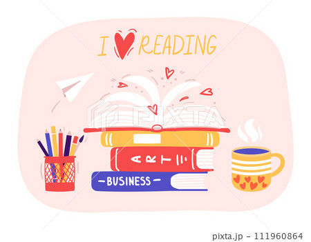 Reading books. Stack of library books with hand drawn lettering. Home library with art and business handbooks pile 111960864