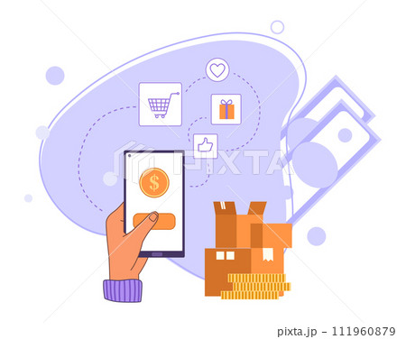 Online shopping, pay credit card in retail. Hand holding smartphone to pay for goods. Ordering products, using payment systems 111960879
