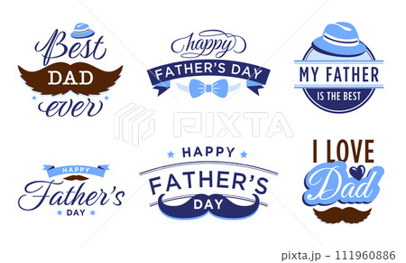 Happy Father Day label. Vintage badge for best father ever and hero dad. Celebrating happy holiday, festive text 111960886