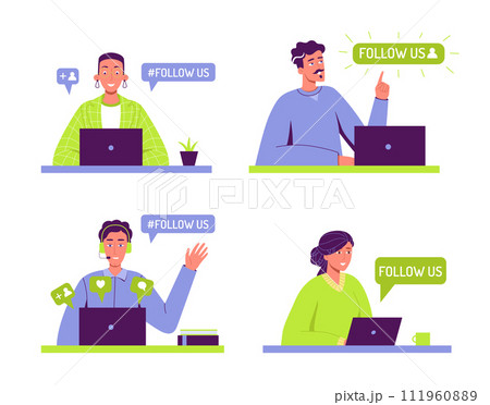 Follow us. Creative social media badges with offer message 111960889