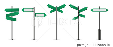 Green street signs. Directional pole with wayfinding arrows, finger post sign isolated realistic vector illustration set 111960916