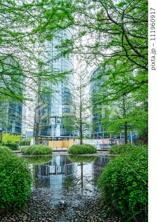 spring square in front of high skyscrapers - May 27, 2022. Warsaw, Poland. spring square in front of high skyscrapers - May 27, 2022. Warsaw, Poland. 111960917