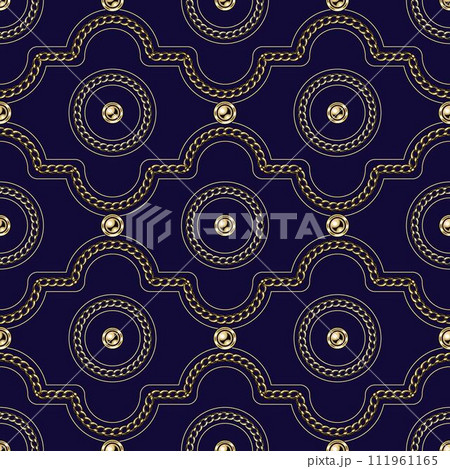 Seamless luxury geometric pattern with jewelry gold chains, beads. Classic geometric grid ornament on dark blue background. 111961165