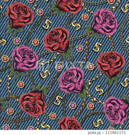 Denim floral seamless pattern with buds of roses. Flowers with golden chains, scattered golden dollar signs on blue jeans texture. For prints, clothing, t shirt, surface design Vintage style 111961171