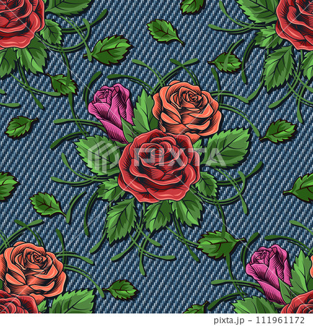 Denim floral seamless pattern with bouquet of roses. Lush blooming red, orange flowers with tendril, scattered leaves on blue jeans texture. For prints, clothing, apparel, surface design Vintage style Denim floral seamless pattern with bouquet of roses. Lush blooming red, orange flowers with tendril, scattered leaves on blue jeans texture. For prints, clothing, apparel, surface design Vintage style 111961172