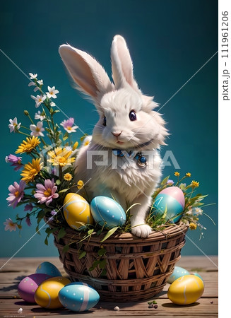 White bunny with Easter eggs in nature. 111961206