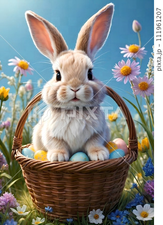 White bunny with Easter eggs in nature. 111961207