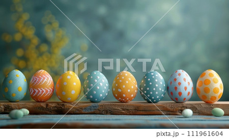 Easter holiday background with painted eggs displayed on wooden boards, creating a festive decoration 111961604