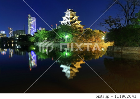 【広島県】内堀から見るライトアップされた広島城の夜景（本丸と天守） 111962043