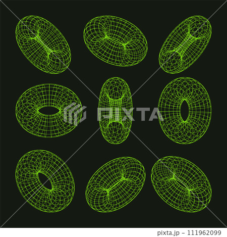 Wireframe shapes, lined torus. Perspective mesh, 3d grid. Low poly geometric elements. Retro futuristic design elements, y2k, vaporwave and synthwave style. Vector illustration 111962099