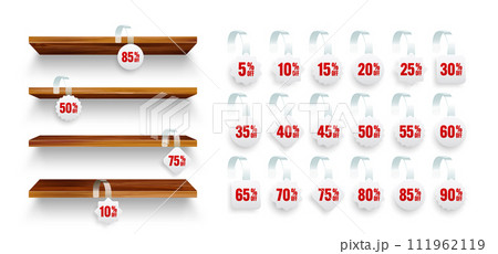 Store shelves with supermarket promotional wobblers. Wooden product shelf and advertising wobbler with percent discount. Grocery wall rack. Sale label, special offer price tag. Vector illustration Store shelves with supermarket promotional wobblers. Wooden product shelf and advertising wobbler with percent discount. Grocery wall rack. Sale label, special offer price tag. Vector illustration 111962119