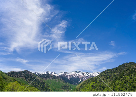 上高地乗鞍スーパー林道より望む残雪の乗鞍岳と新緑の山並み 111962479