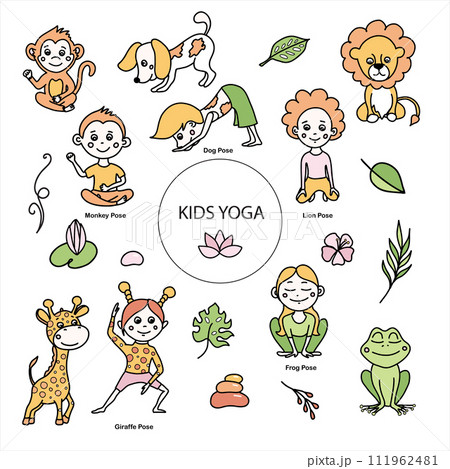 Set of kids yoga animal poses. Monkey, frog, lion, giraffe, dog asanas. Vector cartoon illustration in doodle style. Set of kids yoga animal poses. Monkey, frog, lion, giraffe, dog asanas. Vector cartoon illustration in doodle style. 111962481