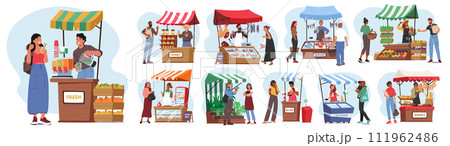Set of Farmers Stalls With Natural Farming Production. Vendor Characters with Ice Cream, Bread, Fresh Juice and Honey 111962486