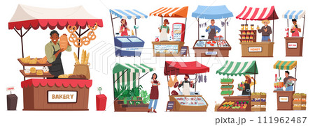 Farmers With Natural Farming Production, Ice Cream, Bread, Fresh Juice And Honey. Hot Dog, Fish Meat, Vegetables or Milk 111962487