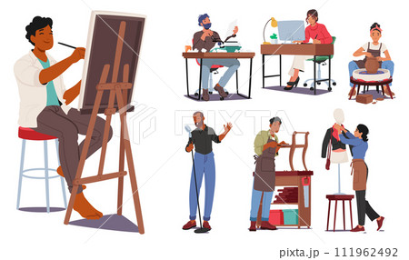 Set of Male and Female Characters with Creative Professions. Artist, Author, Illustrator and Potter. Sculptor, Singer Set of Male and Female Characters with Creative Professions. Artist, Author, Illustrator and Potter. Sculptor, Singer 111962492