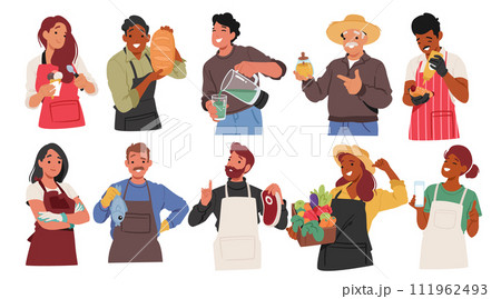 Farmers With Natural Farming Production. Male and Female Characters with Ice Cream, Bread, Fresh Juice and Honey 111962493