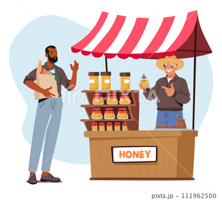 Farmer Character, Smiling Warmly, Showcases Jars Of Golden Honey At His Bustling Market Stall, Engaging With Customers 111962500