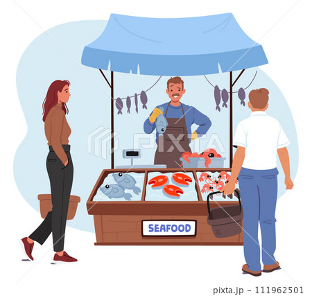 Farmer Character, Beaming With Pride, Stands At Seafood Stall, Clutching Freshly Caught Fish In His Gloved Hand Farmer Character, Beaming With Pride, Stands At Seafood Stall, Clutching Freshly Caught Fish In His Gloved Hand 111962501