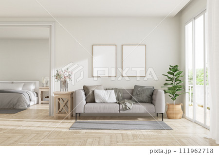 Modern contemporary cozy white living room and bedroom behind 3d render 111962718