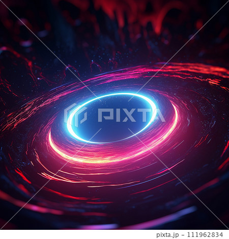 Abstract image of a black hole or portal with swirling red and blue neon lights Abstract image of a black hole or portal with swirling red and blue neon lights 111962834