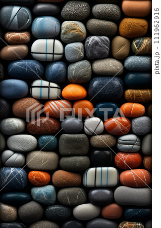 A texture of stones and pebbles in different colors, shapes, sizes in a mosaic pattern A texture of stones and pebbles in different colors, shapes, sizes in a mosaic pattern 111962916