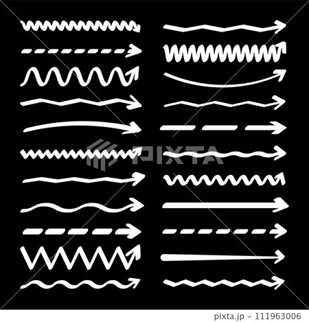 Hand drawn arrows, highlighter lines. Marker stroke, brush pen drawn underline. Handwritten text pointers, notes, marks. Vector illustration 111963006