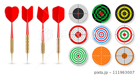 Paper targets with dart arrows and shadows. Shooting range round target, divisions, marks and numbers. Gun shooting practise and training, sport competition. Bullseye and aim. Vector illustration Paper targets with dart arrows and shadows. Shooting range round target, divisions, marks and numbers. Gun shooting practise and training, sport competition. Bullseye and aim. Vector illustration 111963007