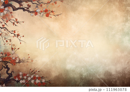 Japanese style Illustration of Blossoming Branches Amidst with copy space background Japanese style Illustration of Blossoming Branches Amidst with copy space background 111963078