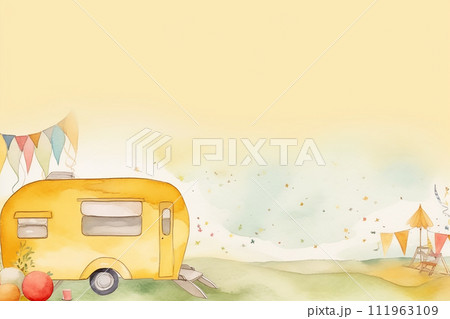 Watercolor illustration of a cozy yellow camper with festive bunting 111963109