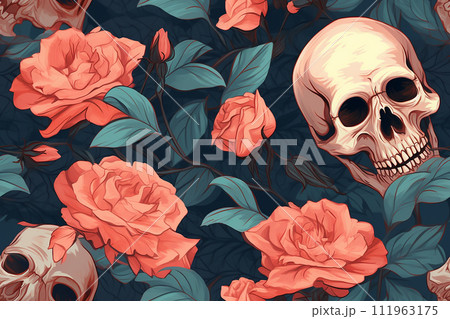 Gothic Floral pattern with blooming Roses and Skull 111963175
